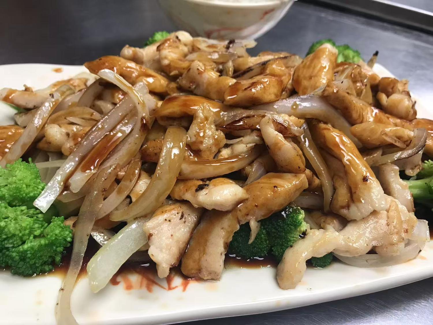 Teriyaki chicken stir-fried with onions and broccoli at East China, a Chinese restaurant in Waterloo