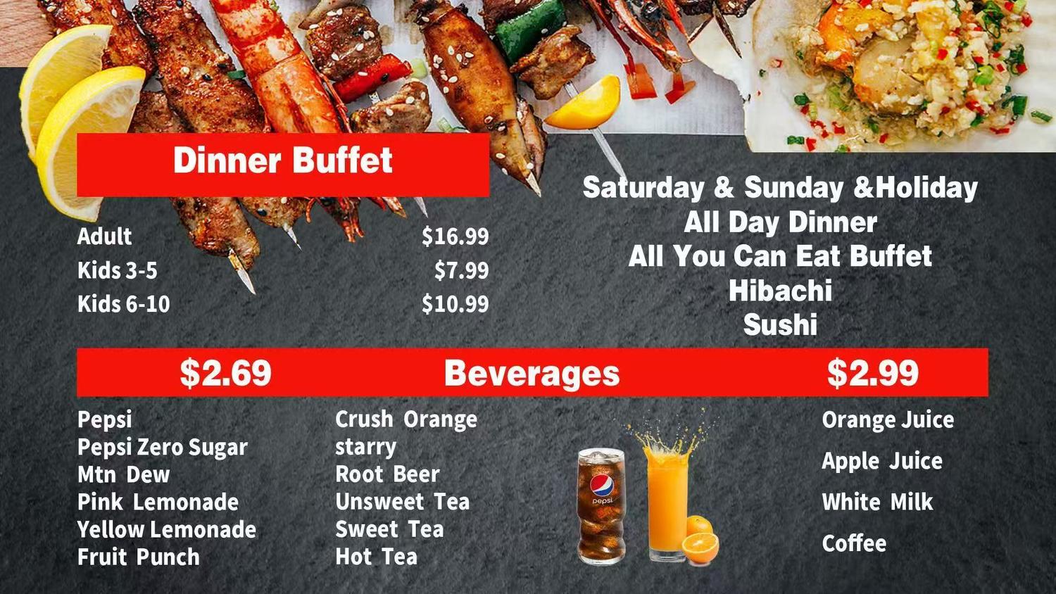 Dinner buffet pricing, hibachi/sushi offerings, and beverage list at Ichiban Buffet And Grill, a Asian restaurant in Kokomo
