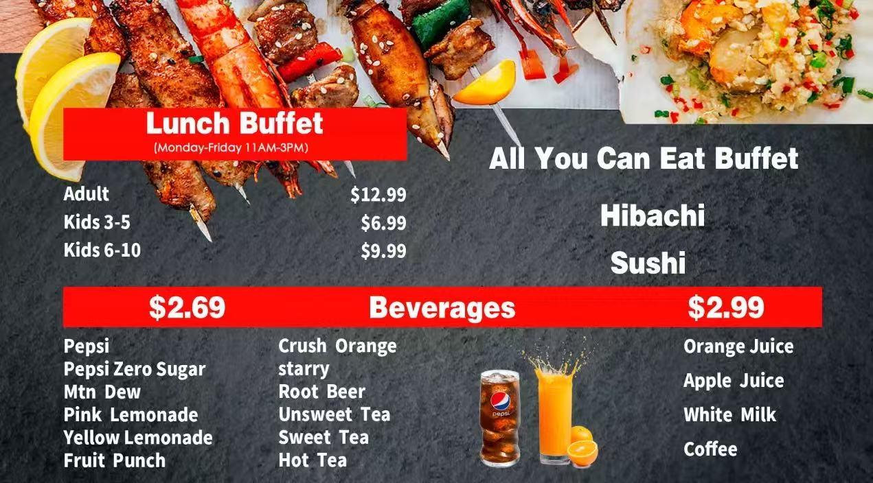 Lunch buffet pricing, hibachi/sushi options, and beverage list at Ichiban Buffet And Grill, a Asian restaurant in Kokomo