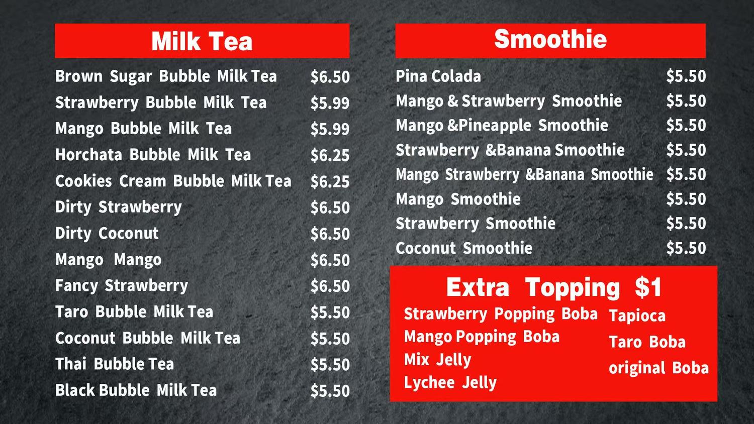 Milk tea, smoothie, and extra topping options with prices at Ichiban Buffet And Grill, a Asian restaurant in Kokomo