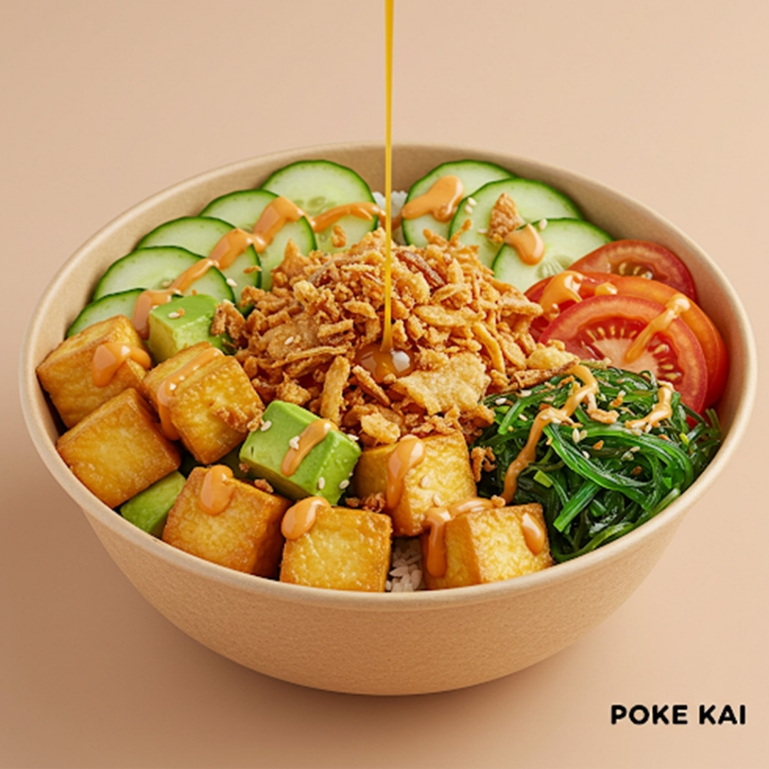Tofu poke bowl with cucumber, seaweed and pouring sauce