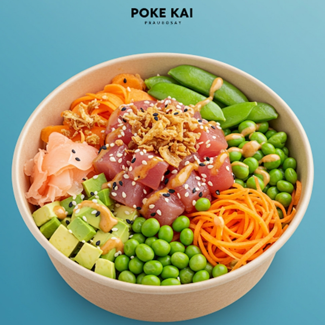 Tuna poke bowl with edamame, avocado and fresh vegetables