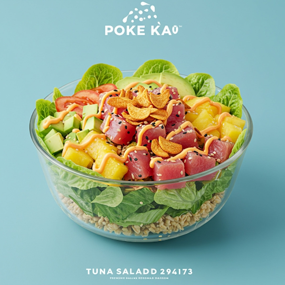 Tuna salad poke bowl with mango, lettuce and crispy toppings