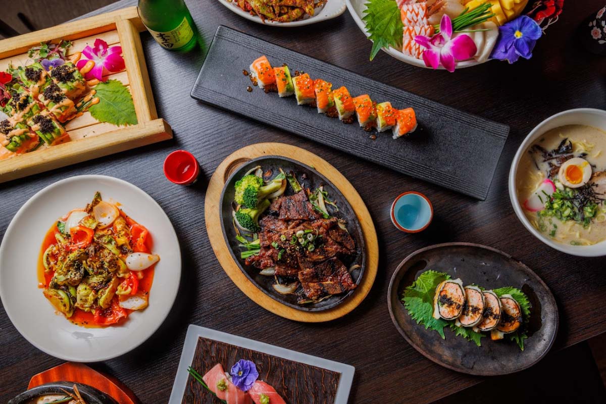 Various kinds of food are set against a black background.