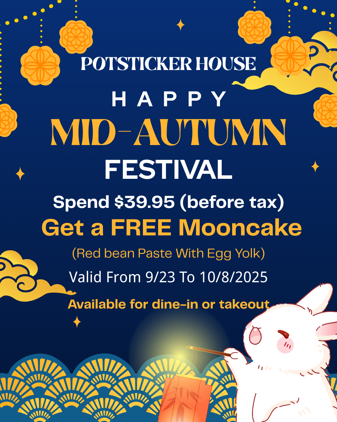 Alt text: Blue Mid-Autumn Festival poster with rabbit, lanterns, clouds, and promo for free mooncake with $39.95 purchase.

Title: Mid-Autumn Festival Special – Free Mooncake with $39.95 Purchase.