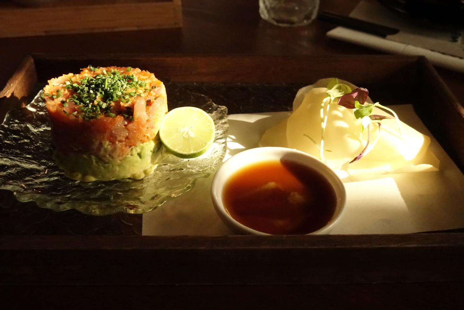 Avocado tuna tartare with lime wedge and dipping sauce at EGAWA, a Japanese Restaurant in Malvern
