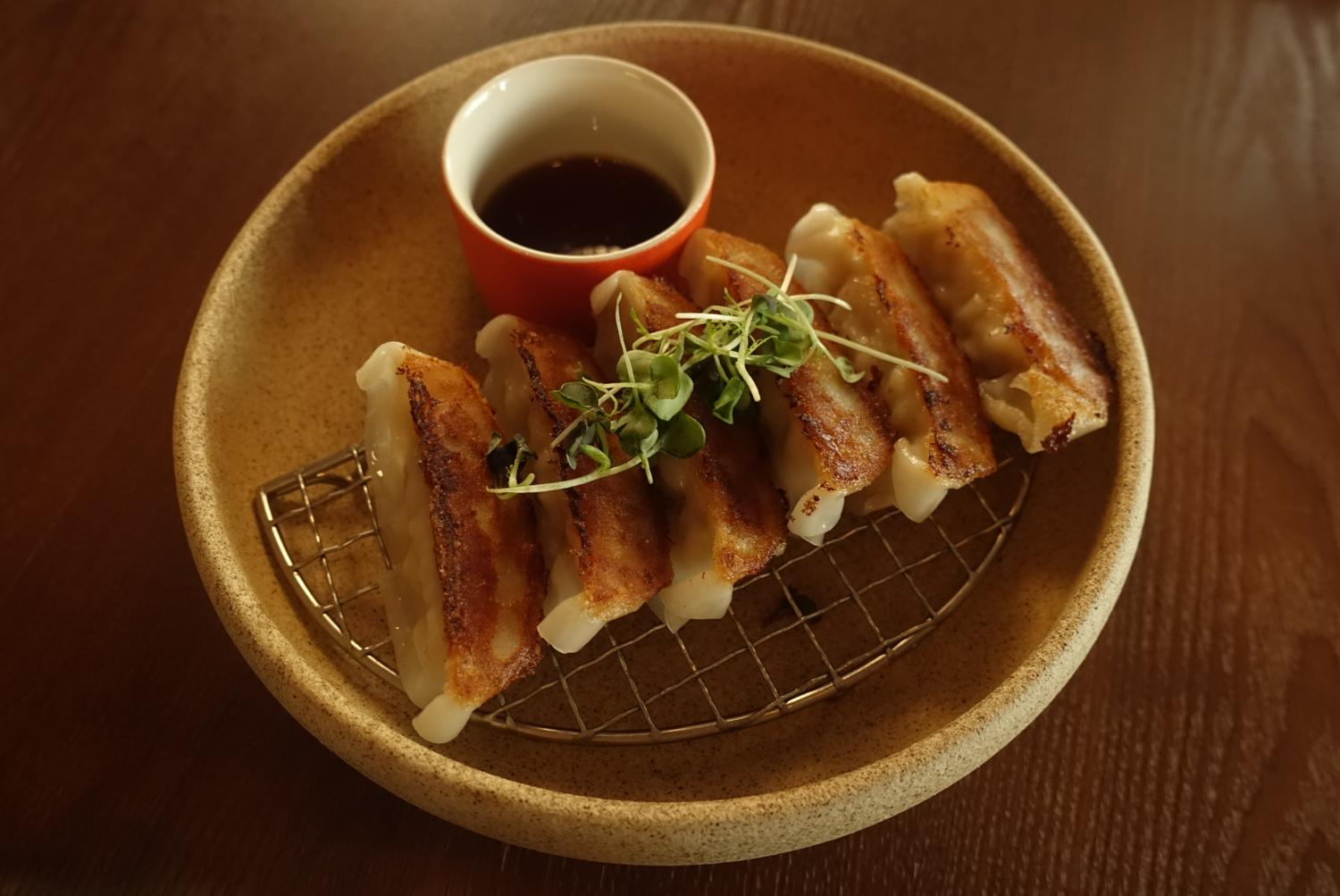 Pan-fried gyoza with dipping sauce on wire rack at EGAWA, a Japanese Restaurant in Malvern