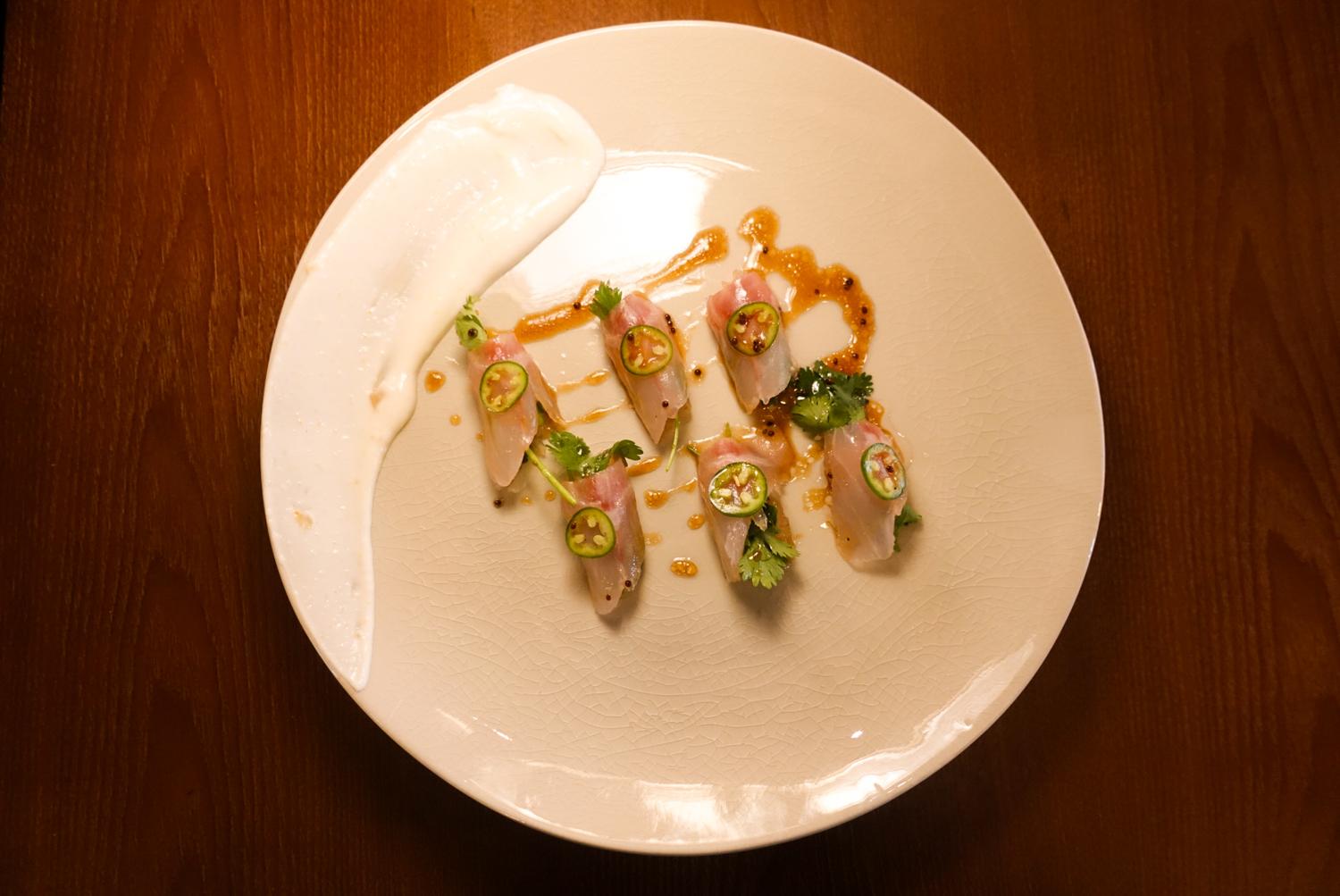 Raw fish rolls with jalapeño, coriander and creamy puree at EGAWA, a Japanese Restaurant in Malvern
