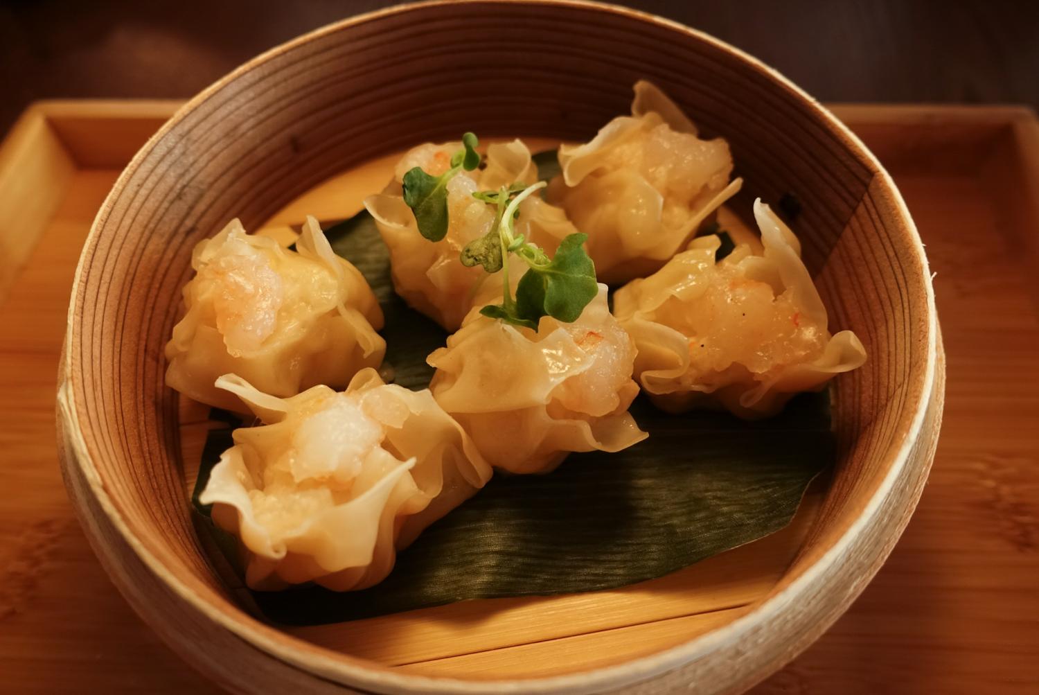 Shrimp siu mai steamed in bamboo basket with greens at EGAWA, a Japanese Restaurant in Malvern