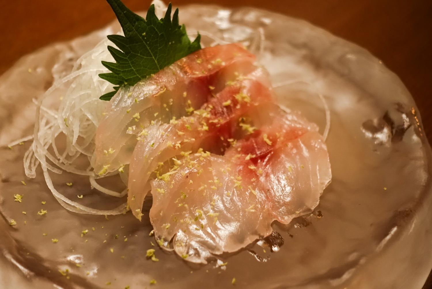 Thin sea bream sashimi with shiso leaf & shredded radish at EGAWA, a Japanese Restaurant in Malvern