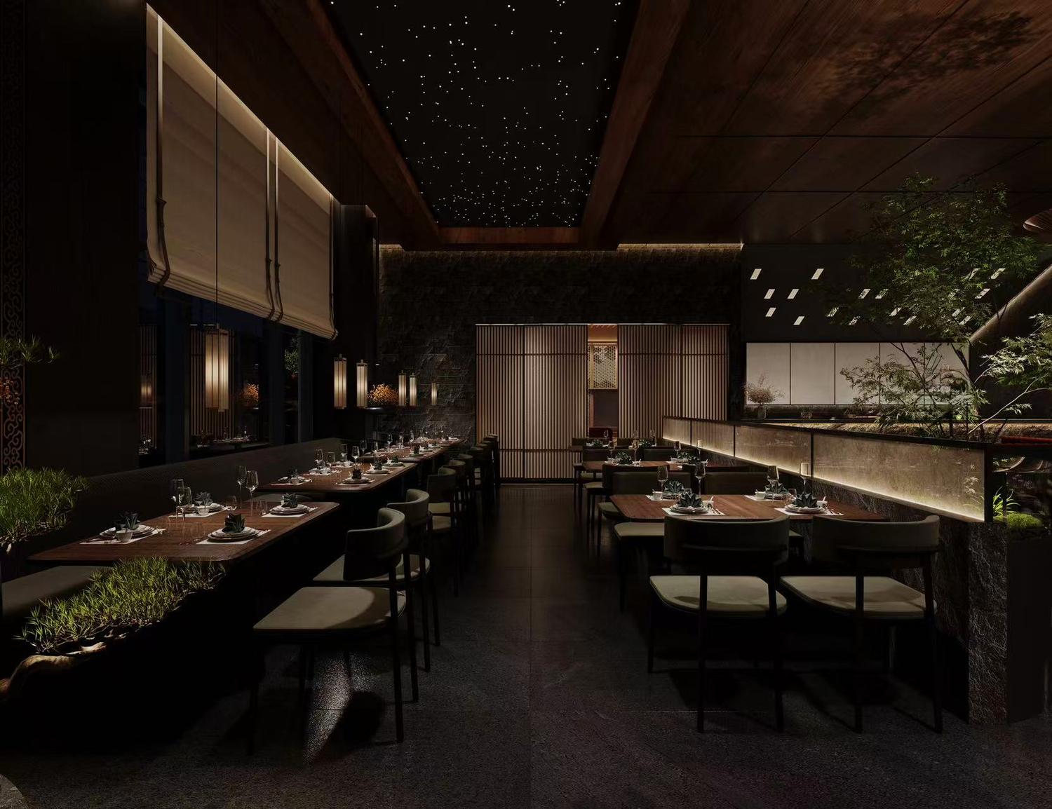 Dark Japanese restaurant interior with starry ceiling, warm wood, mood lighting and long dining tables at EGAWA, a Japanese Restaurant in Malvern