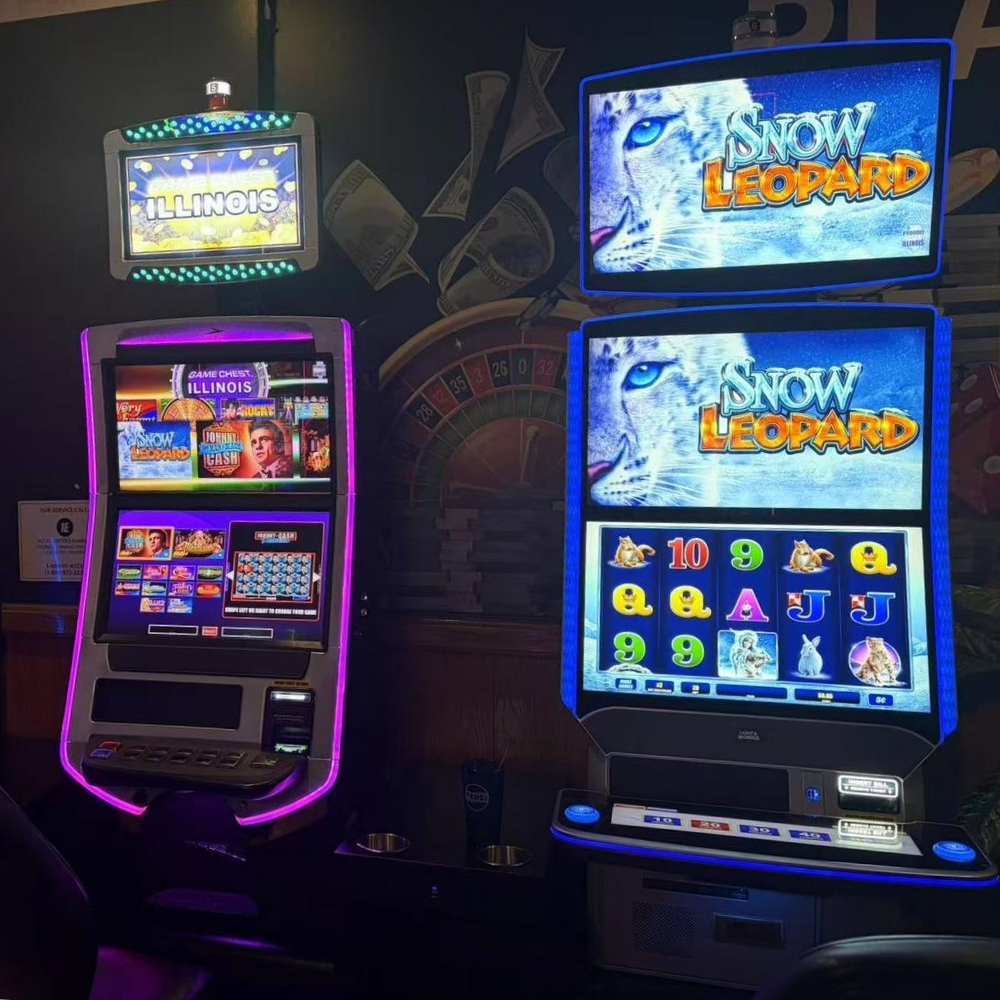 Two Snow Leopard themed slot machines with colorful screens at Elgin Buffet, a Buffet Restaurant in Elgin