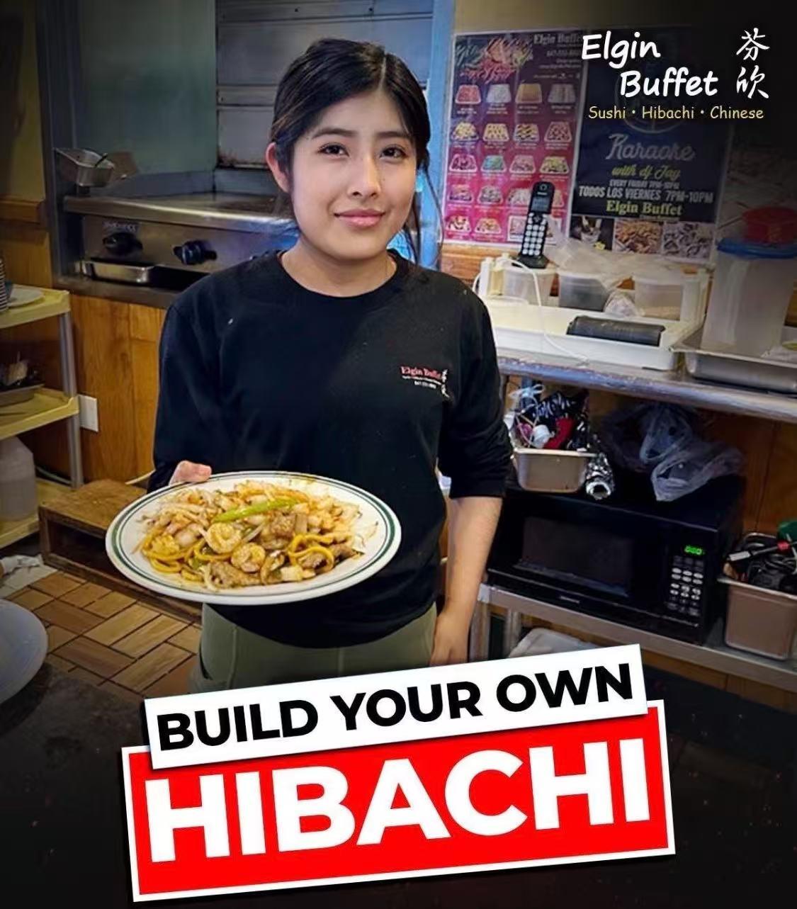Build Your Own Hibachi Promotion at Elgin Buffet with Staff Holding Hibachi Plate
