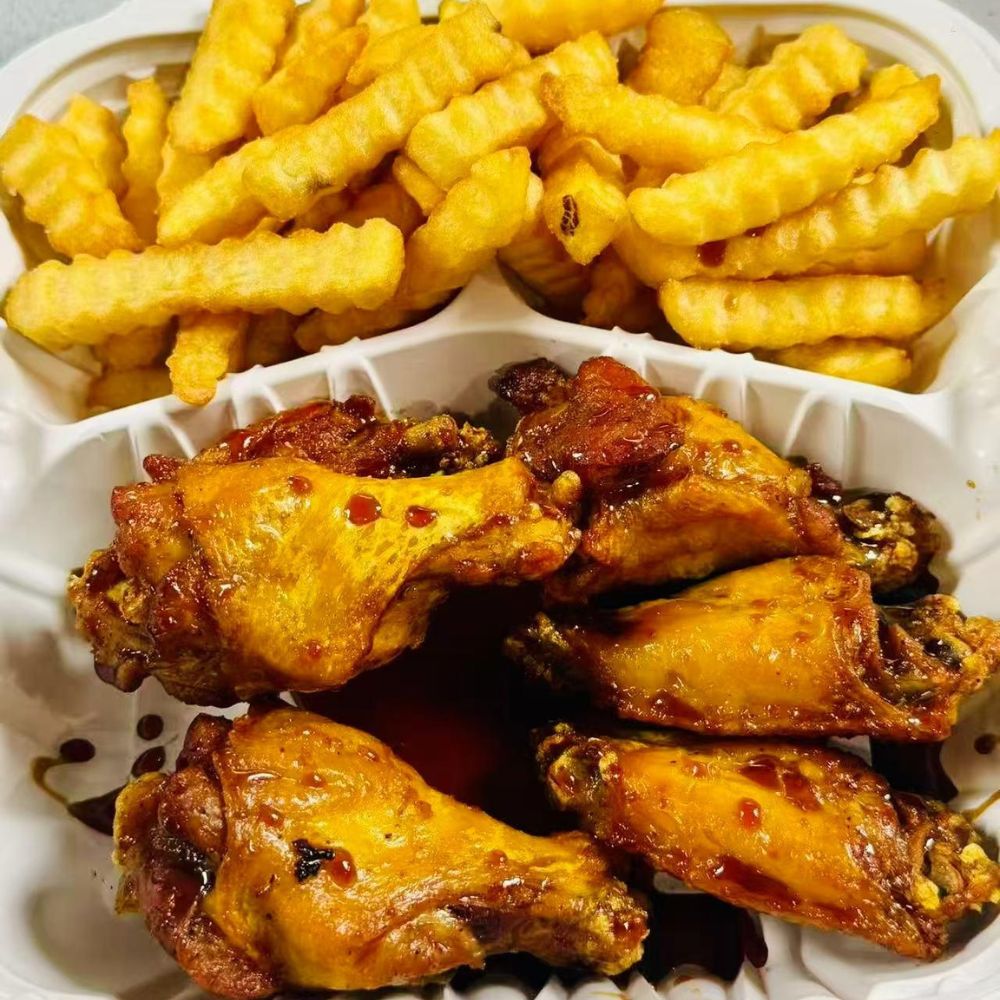 Empire-Wings-Chicken-Wings-Restaurant-BBQ-Chicken-Wings-and-Wavy-Fries-Brooklyn BBQ chicken wings with wavy fries at Empire Wings, a Chicken Wings Restaurant in Brooklyn