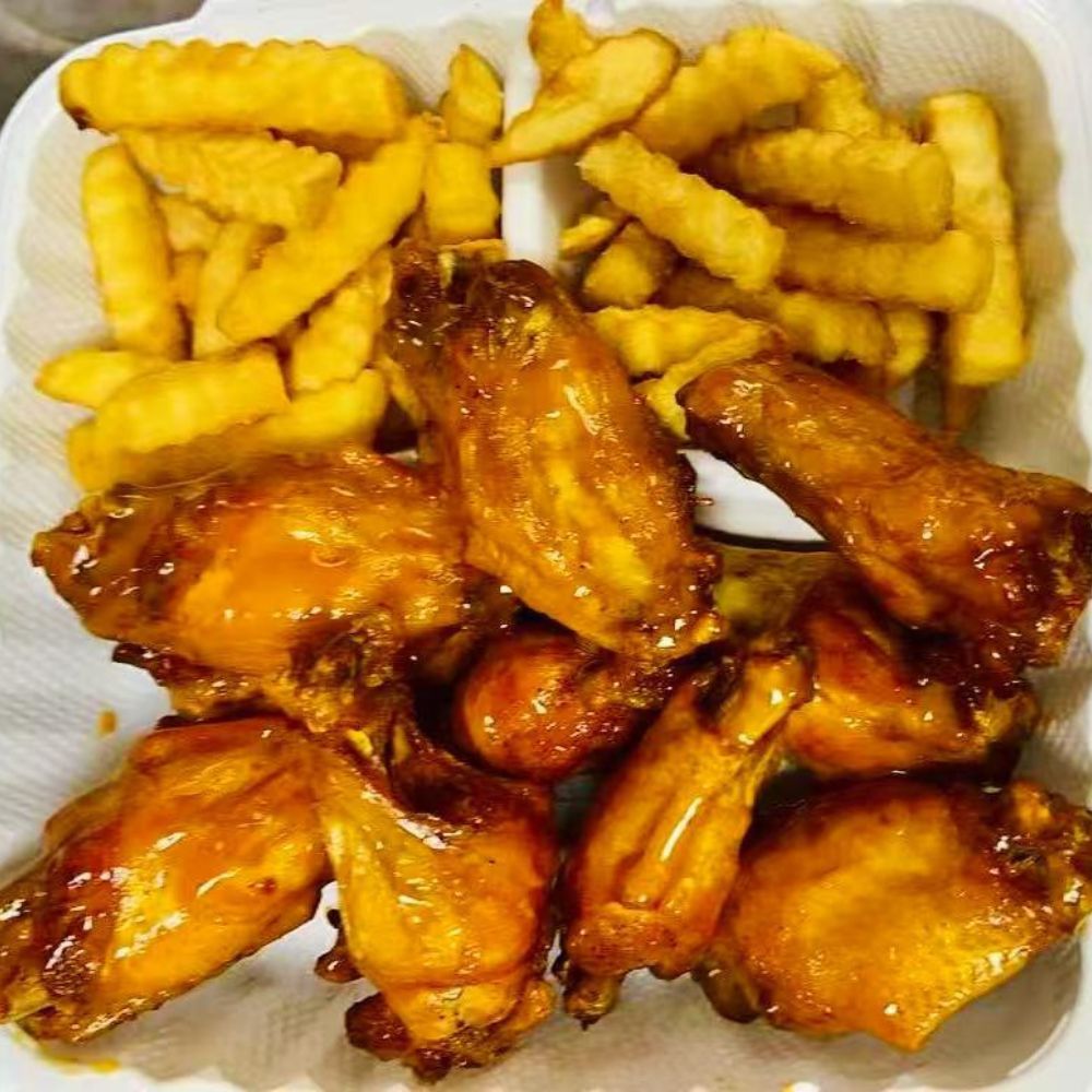 Empire-Wings-Chicken-Wings-Restaurant-Honey-Garlic-Chicken-Wings-and-Fries-Brooklyn Honey garlic chicken wings with fries at Empire Wings, a Chicken Wings Restaurant in Brooklyn