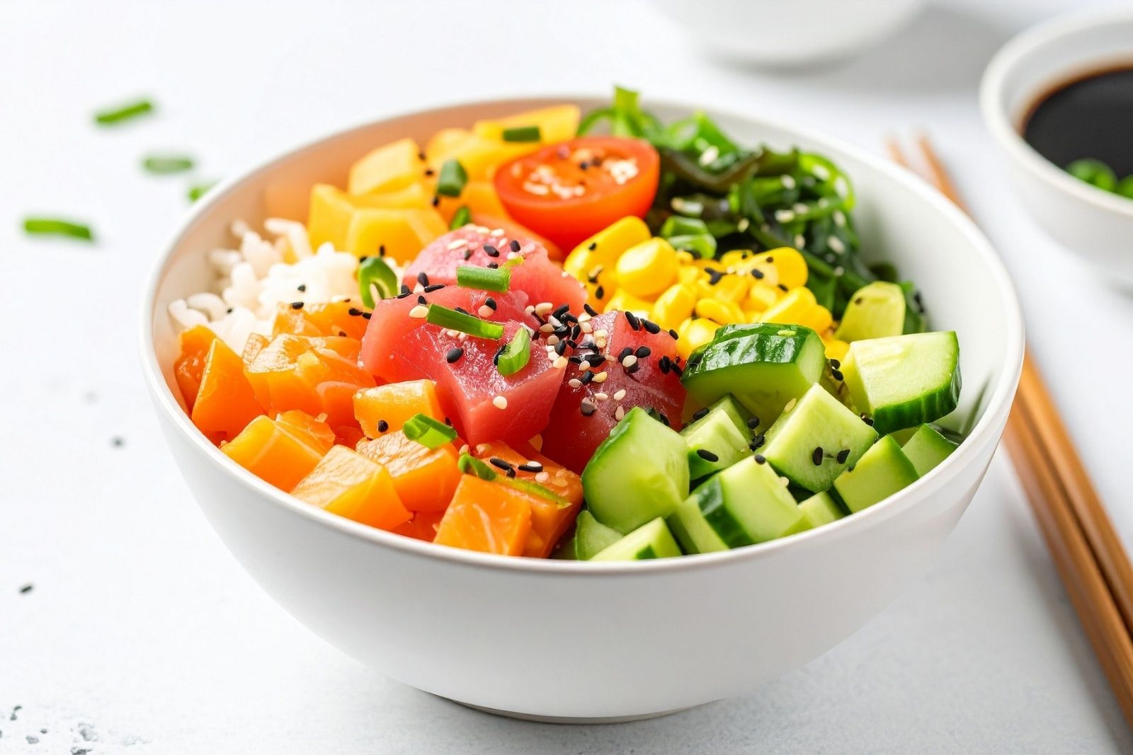 Poke bowl with tuna, mango, cucumber and seaweed at Chop Asian Kitchen, a Asian Fusion Restaurant in Amityville