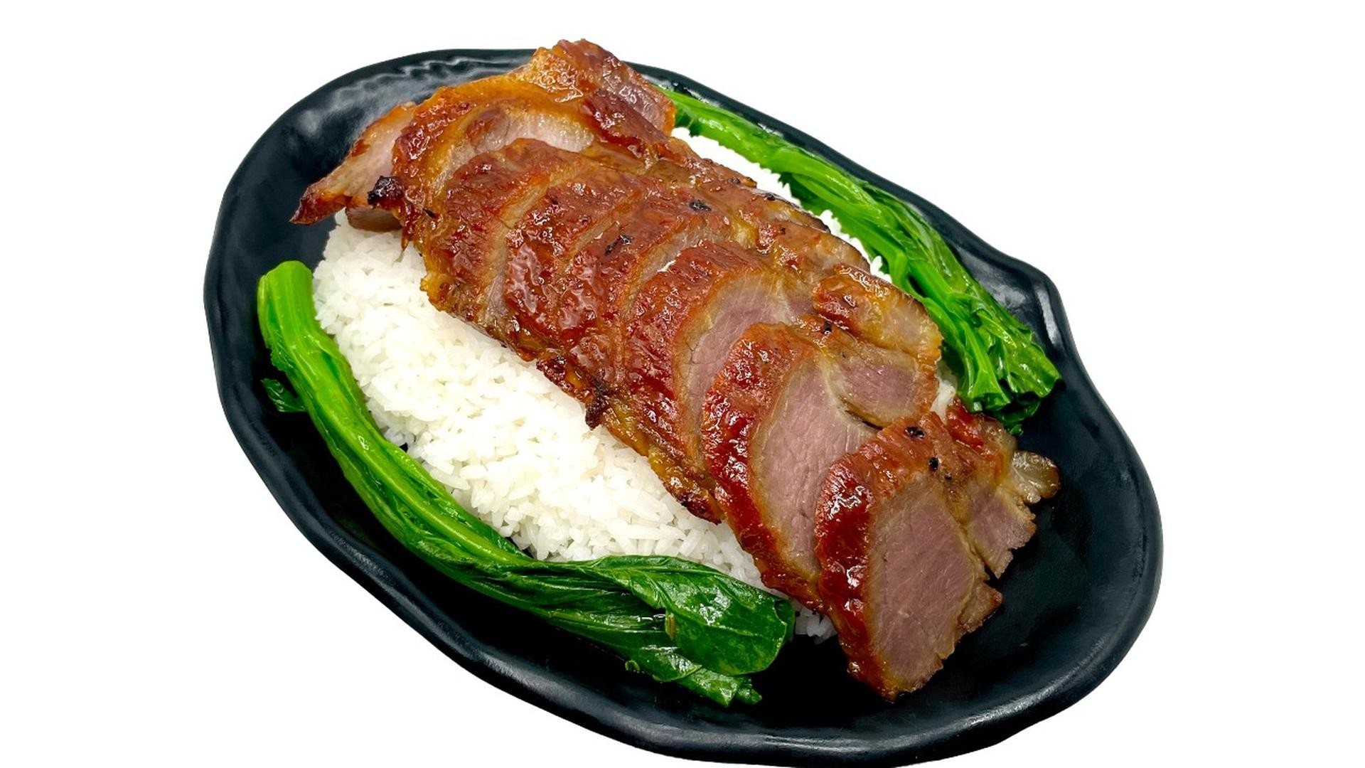 Barbecue pork rice with leafy greens at E Noodle, a Chinese Restaurant in Brooklyn