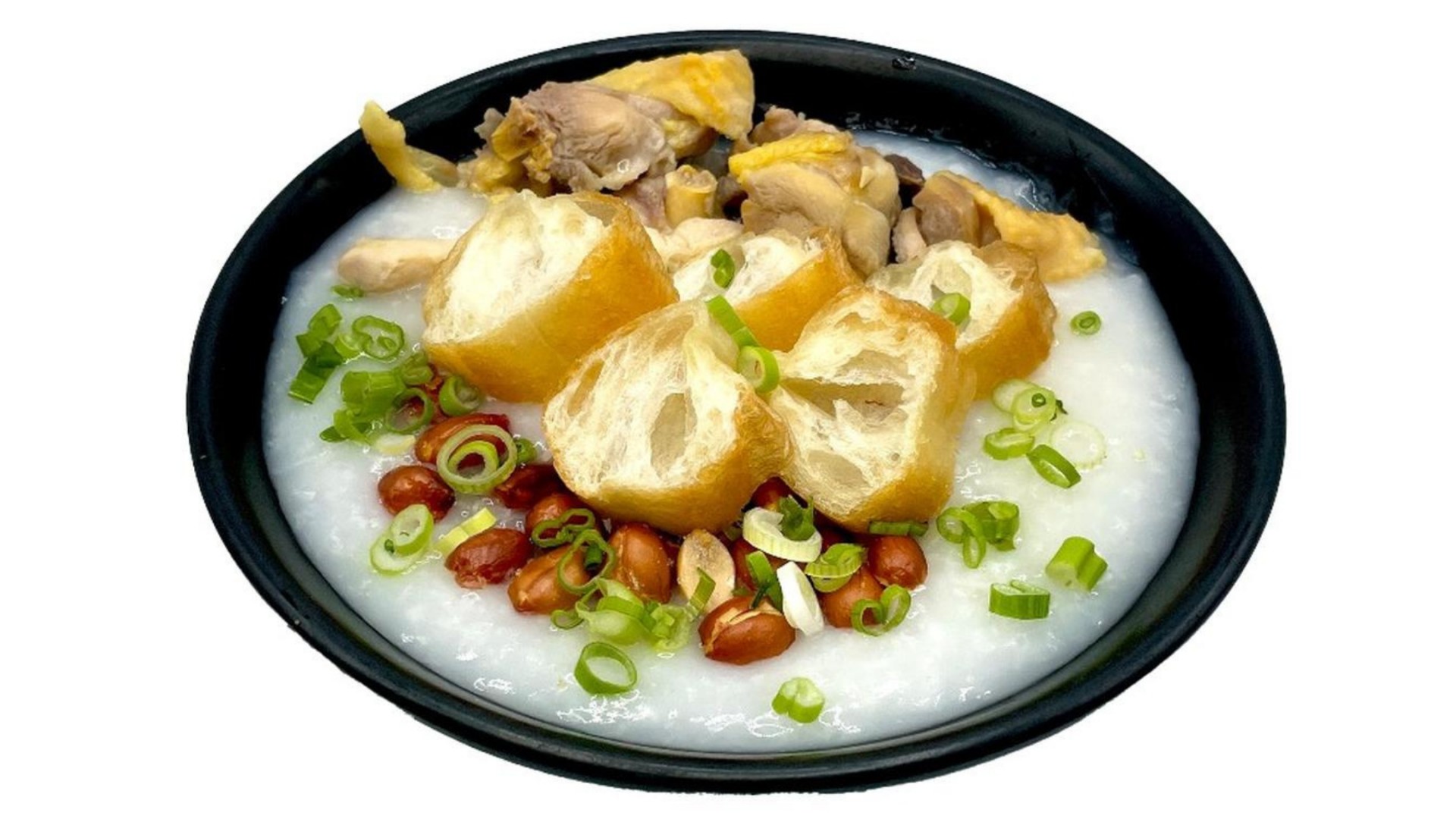Chicken congee with fried dough and peanuts at E Noodle, a Chinese Restaurant in Brooklyn