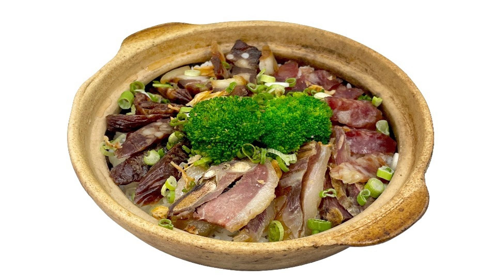 Cured meat clay pot rice with broccoli at E Noodle, a Chinese Restaurant in Brooklyn