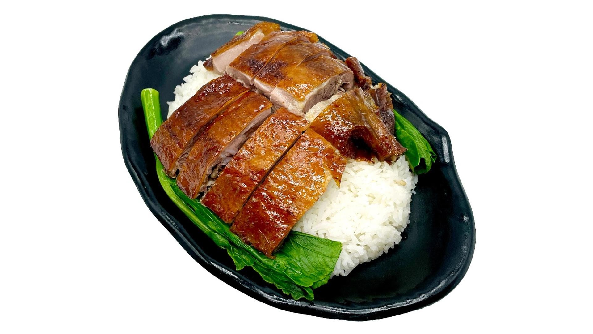Roast duck rice with leafy greens at E Noodle, a Chinese Restaurant in Brooklyn