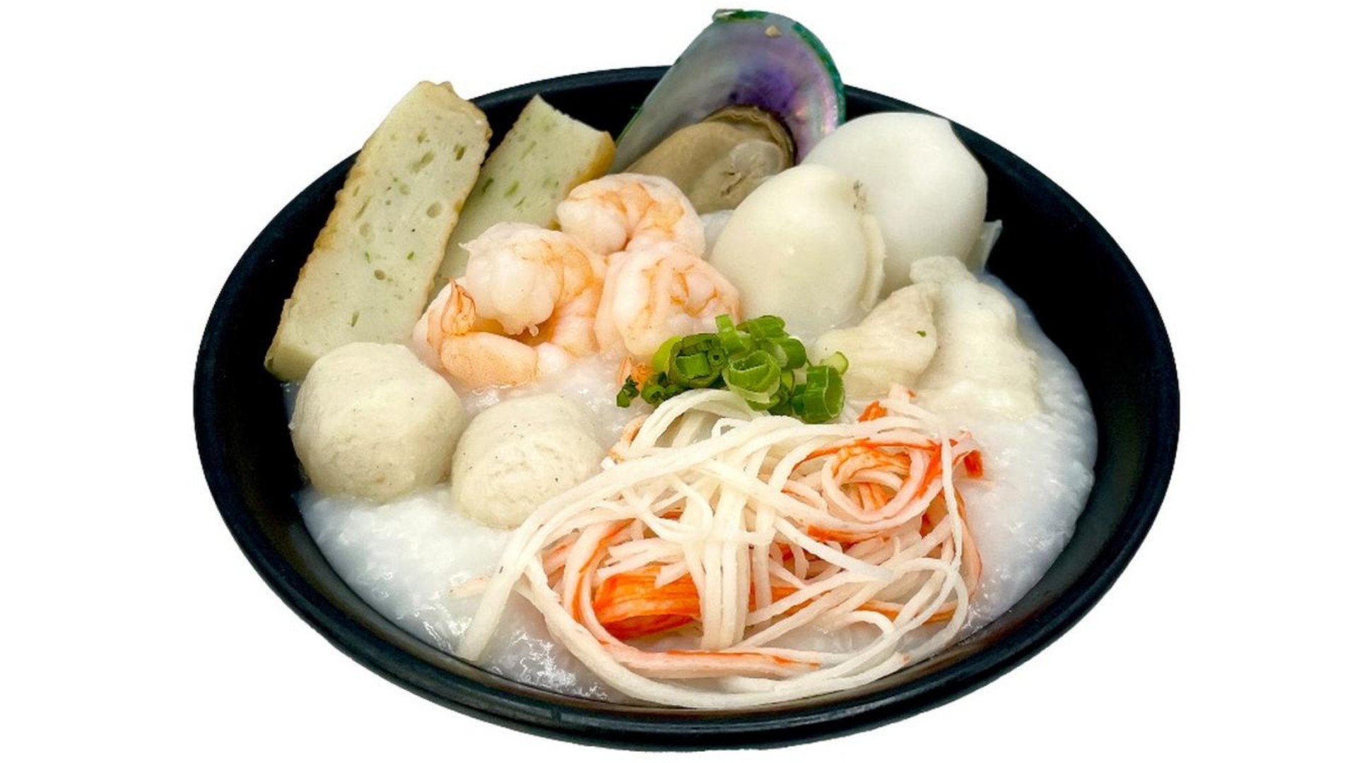 Seafood congee with shrimp and fish balls at E Noodle, a Chinese Restaurant in Brooklyn