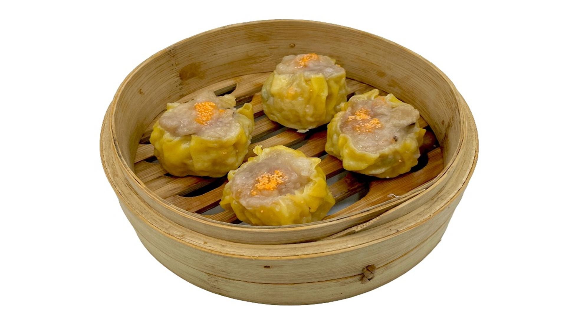 Siu mai with fish roe in bamboo steamer at E Noodle, a Chinese Restaurant in Brooklyn