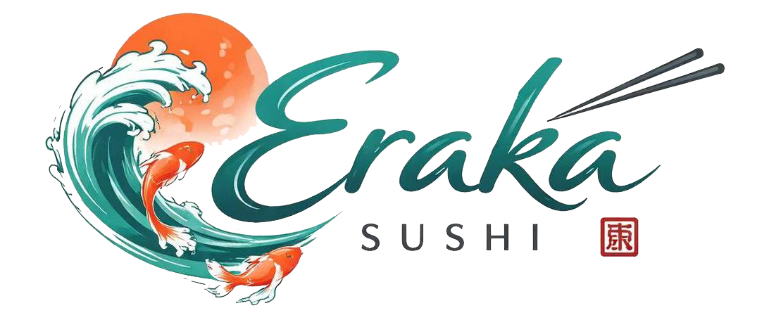 teal wave, orange koi fish, red sun, chopsticks, and 'SUSHI' text with Japanese seal.