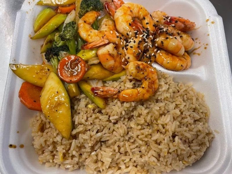 EZ-YUMMY-FOOD-Asian-Restaurant-Teriyaki-chicken-Ahoskie Teriyaki chicken with vegetables and fried rice, served in a foam container at EZ YUMMY FOOD, a Asian Restaurant in Ahoskie