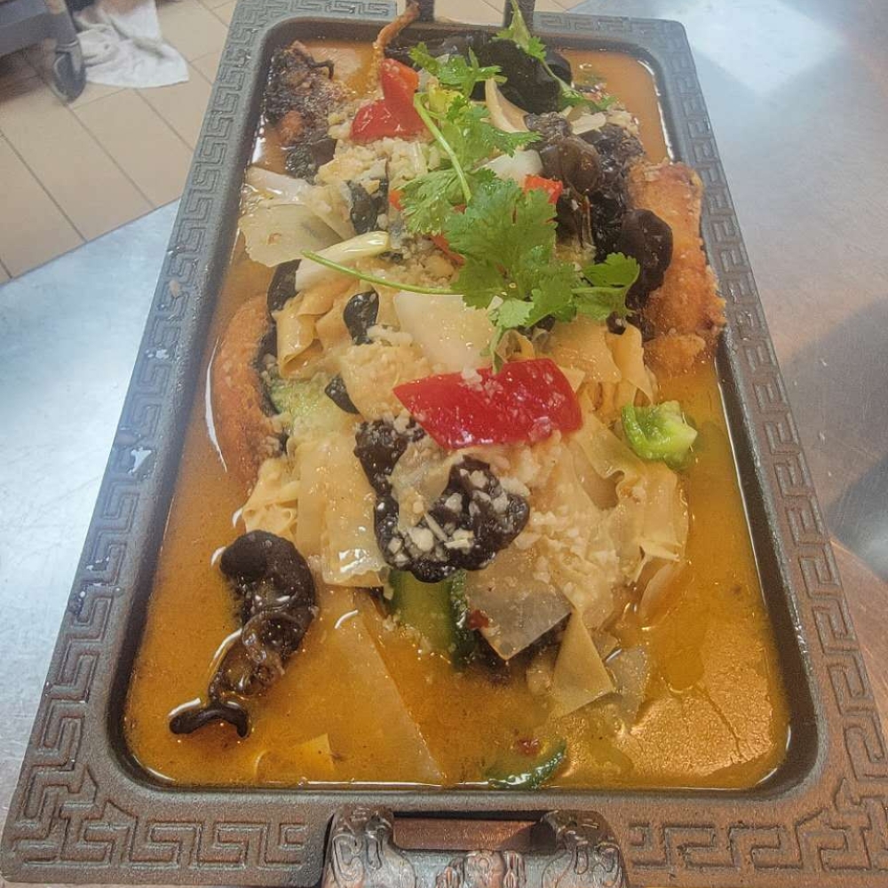 Fish with black fungus and tofu skin in soy sauce at Farmer kitchen, a Chinese Restaurant in Monterey Park