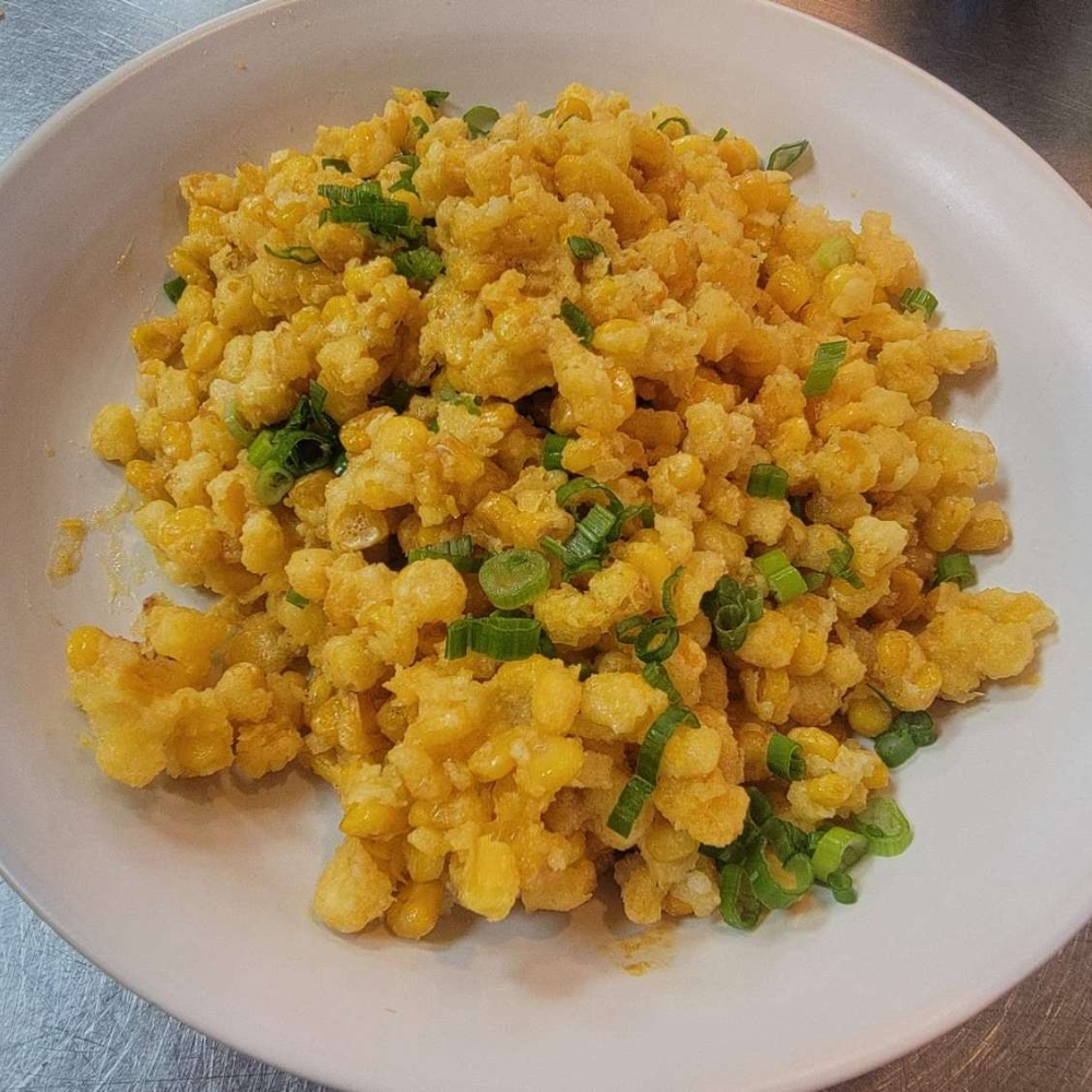 Salted egg corn with green onion at Farmer kitchen, a Chinese Restaurant in Monterey Park