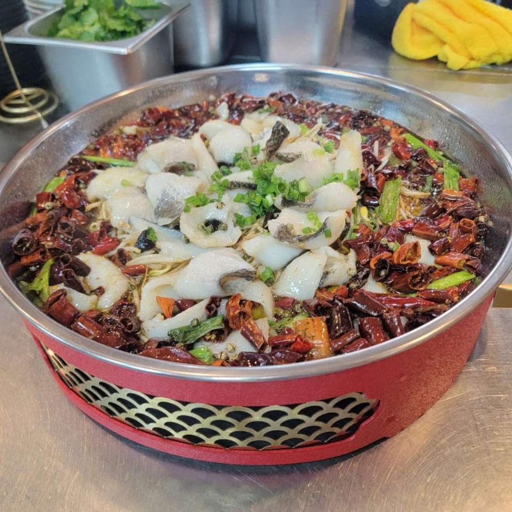 Farmer-kitchen-Chinese-Restaurant-Spicy-Fish-Hot-Pot-Monterey-Park Spicy fish hot pot with chili and green onion at Farmer kitchen, a Chinese Restaurant in Monterey Park
