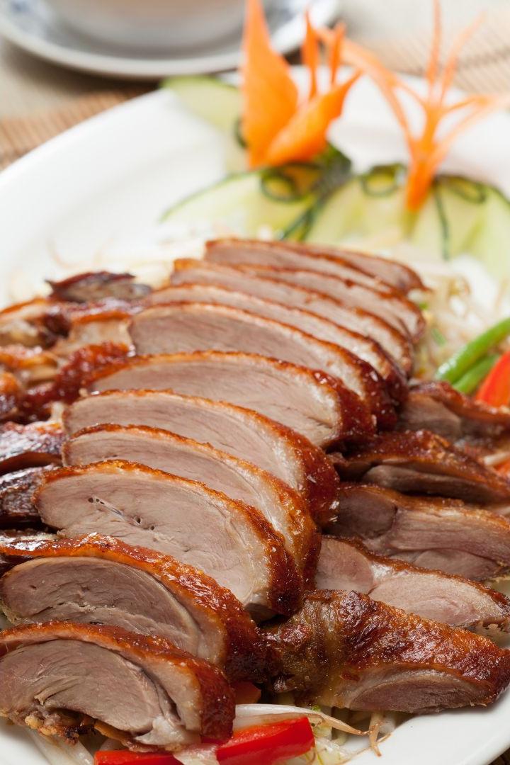 Fat-Boy-Roasted-Delights-Chinese-Restaurant-Sliced-Roast-Duck-Modesto Sliced roast duck with veggies at Fat Boy Roasted Delights, a Chinese Restaurant in Modesto