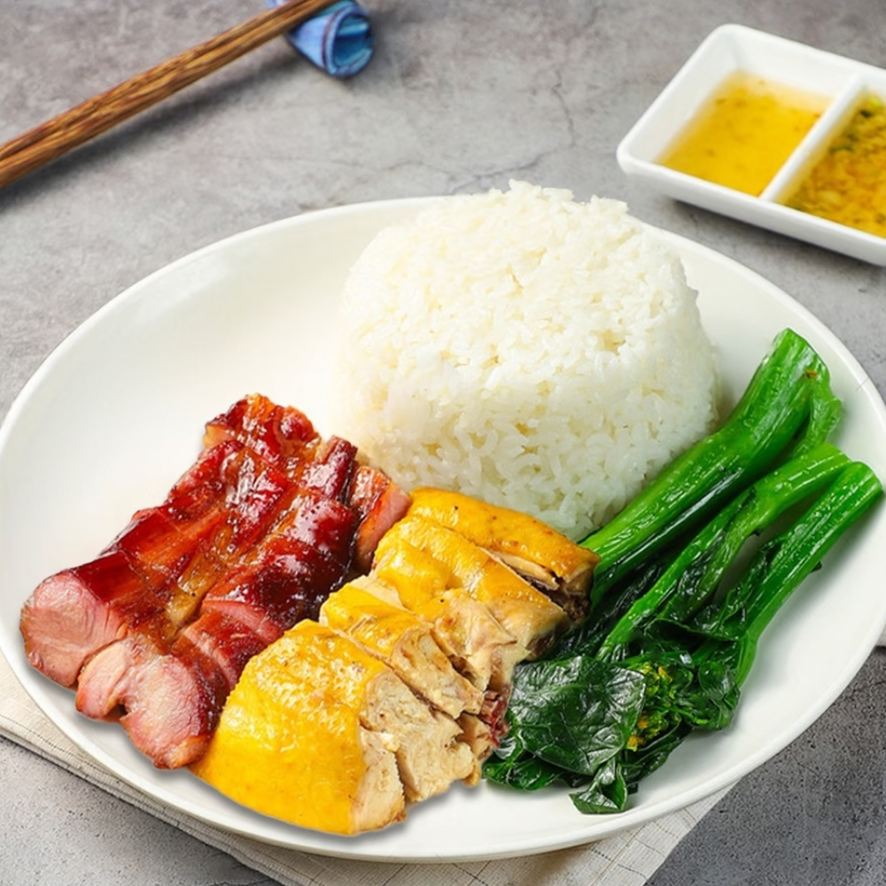 Roast pork and chicken rice from Fat Boy Roasted Delights Chinese restaurant in Modesto.