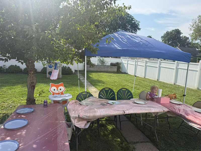 Backyard birthday party setup, pink plastic‑covered tables with plates, blue pop‑up canopy tent, green lawn, white vinyl fence, kid high‑chair with fox cutout, trees and children in bright sunny residential garden.