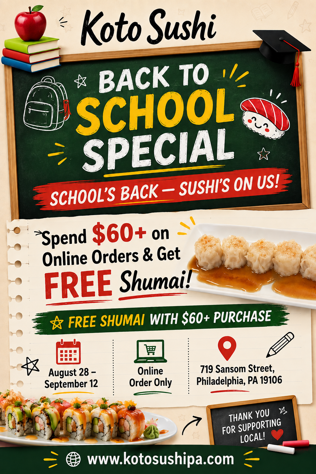 Koto Sushi back-to-school special: free shumai with $60+ online orders, August 28–September 12.