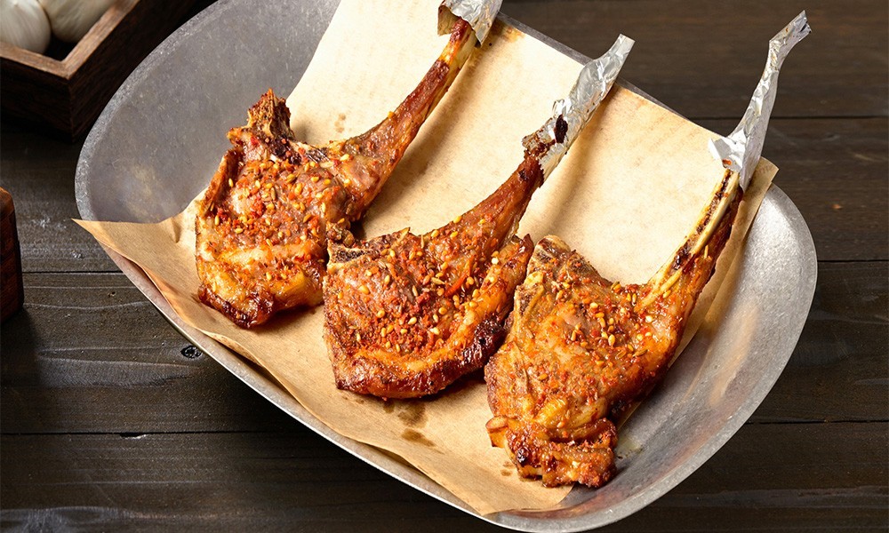 Grilled spicy tomahawk lamb chops at FENGMU, a Korean BBQ Restaurant in Rowland Heights