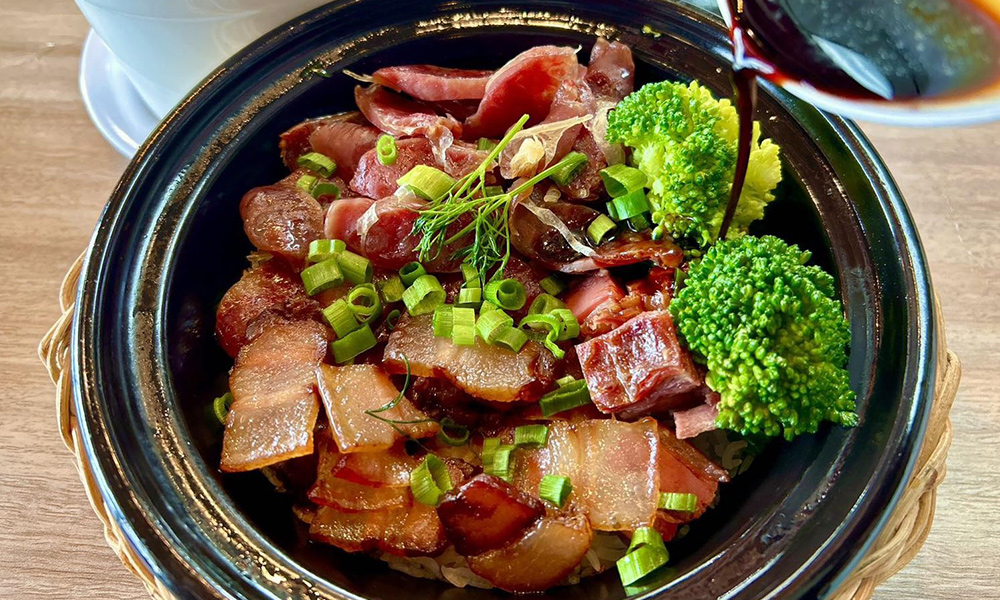 Fennel-Bistro-Clay-Pot-Rice-Chinese-restaurant-House-Preserved-Meat-City-of-Industry House Preserved Meat - Rice with preserved meat, broccoli and scallions at Fennel Bistro Clay Pot Rice 茴香煲仔饭,a Chinese restaurant in City of Industry