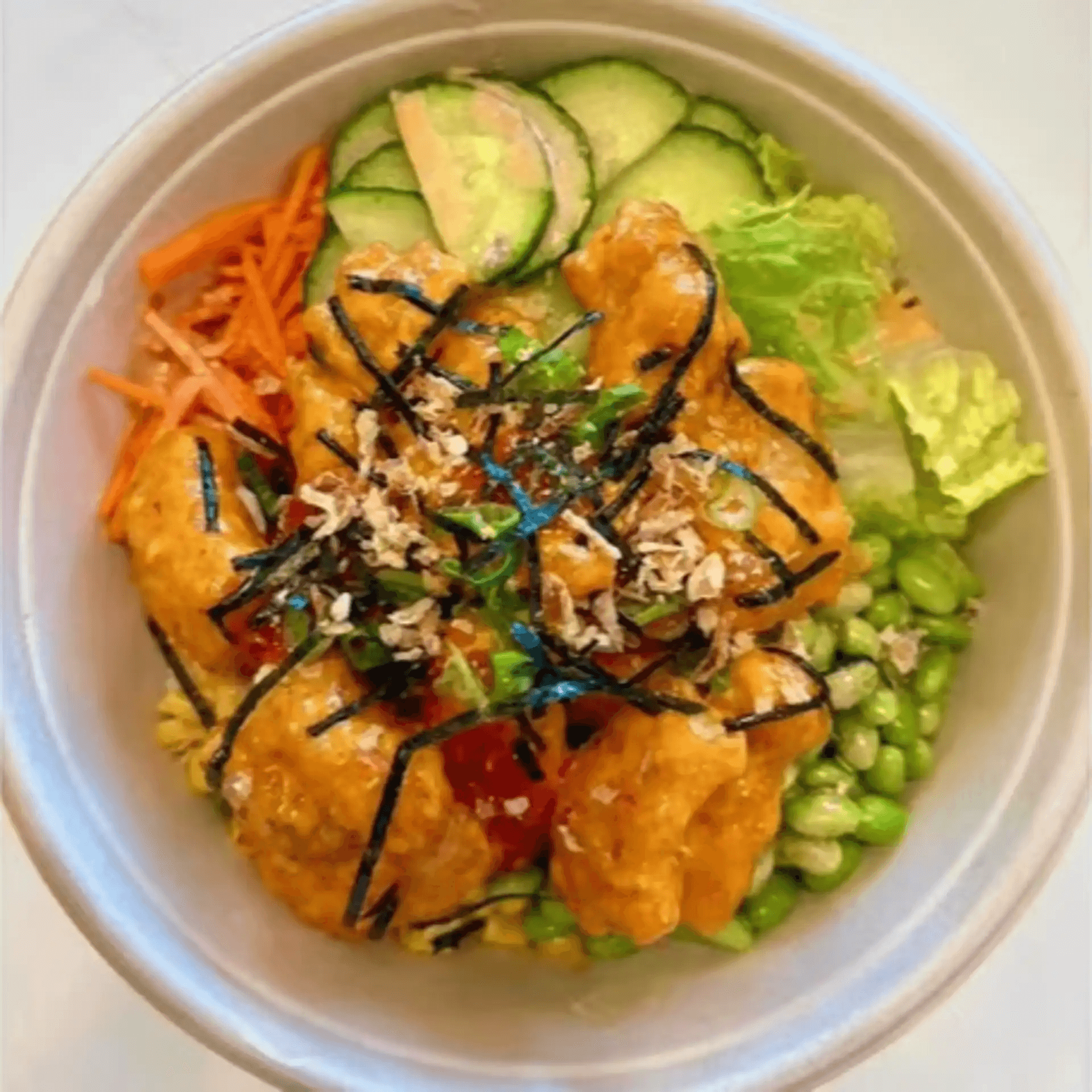 Bang Bang chicken rice bowl with veggies and edamame at F-F IN BOWL, a Asian Fusion Restaurant in Santa Rosa
