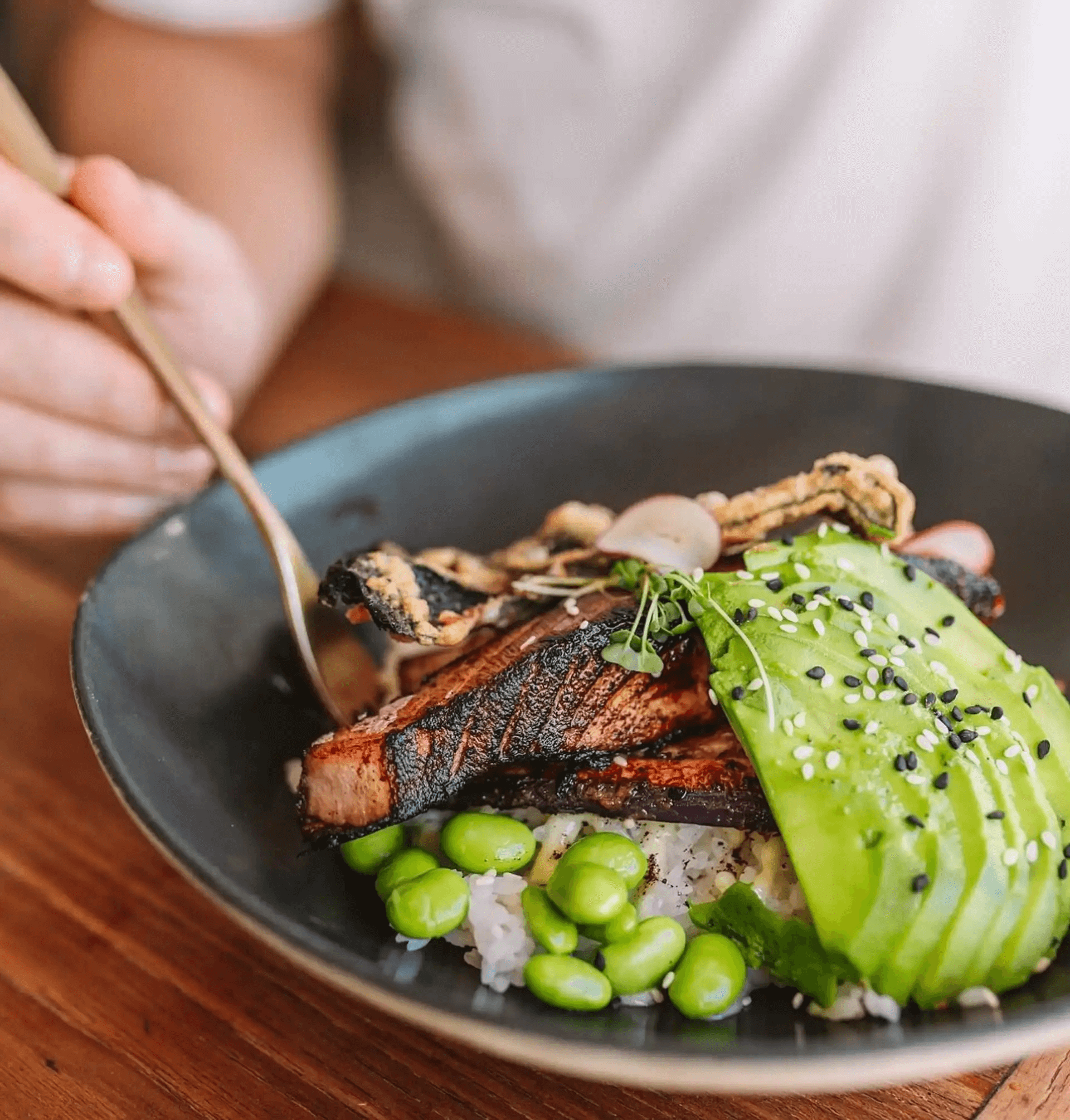 Custom bowl with grilled meat, avocado, edamame and rice at F-F IN BOWL, a Asian Fusion Restaurant in Santa Rosa
