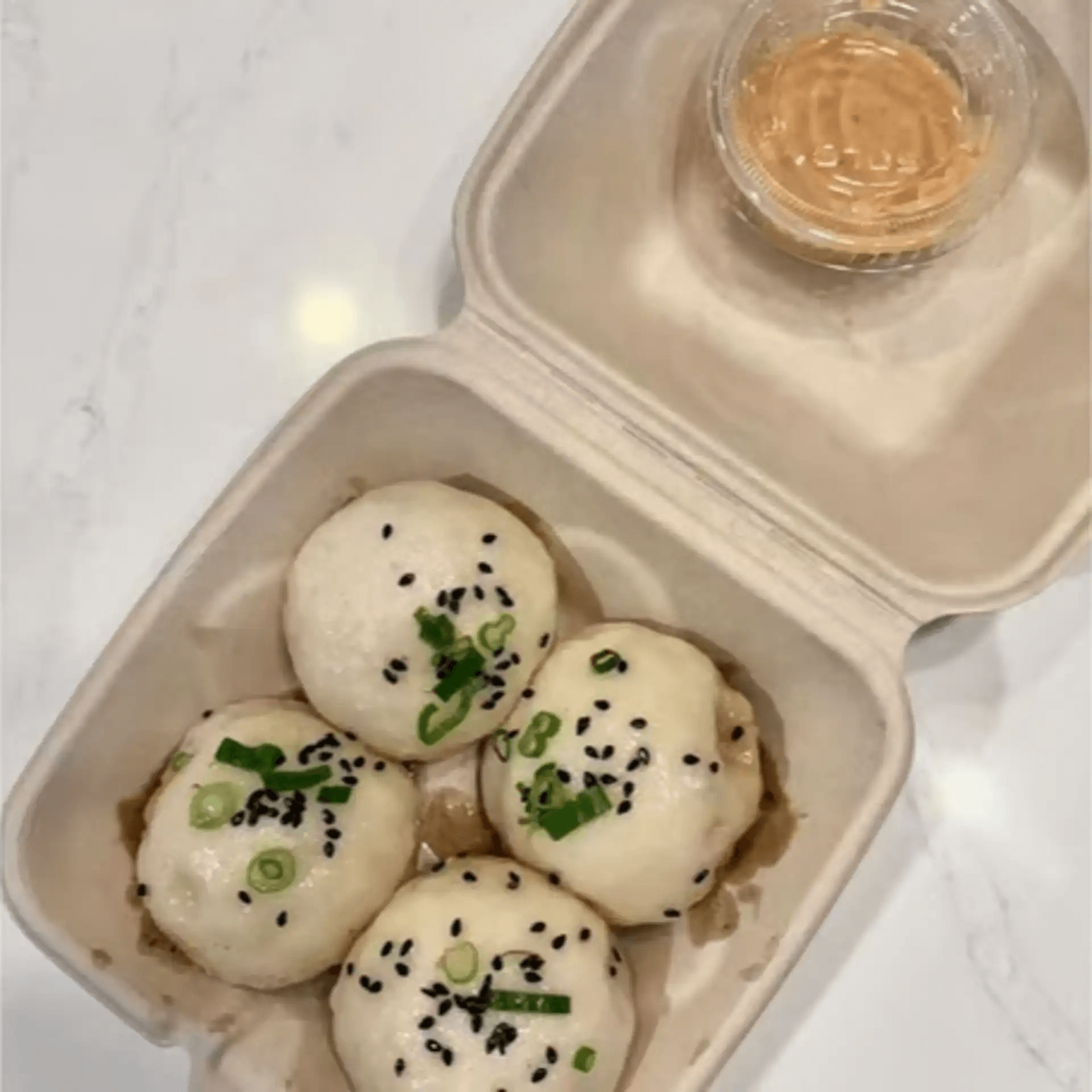 Pan - fried pork buns garnished with sesame seeds and scallions at F-F IN BOWL, a Asian Fusion Restaurant in Santa Rosa