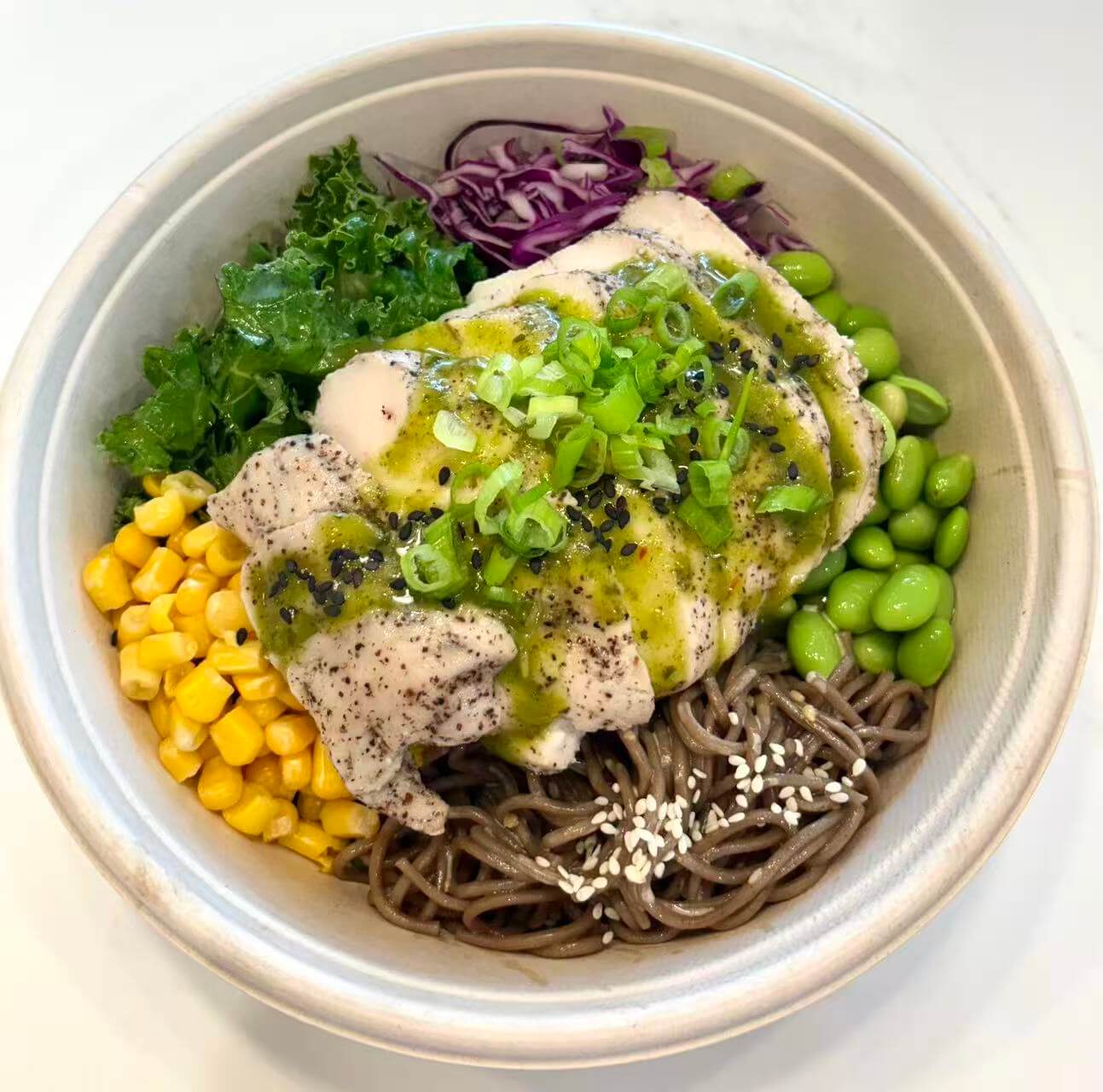 Sous - vide chicken breast bowl with soba noodles and veggies at F-F IN BOWL, a Asian Fusion Restaurant in Santa Rosa