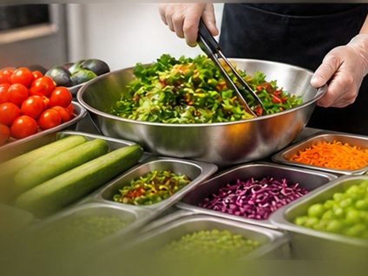 Chef mixing fresh green salad in metal bowl with assorted vegetable toppings in trays