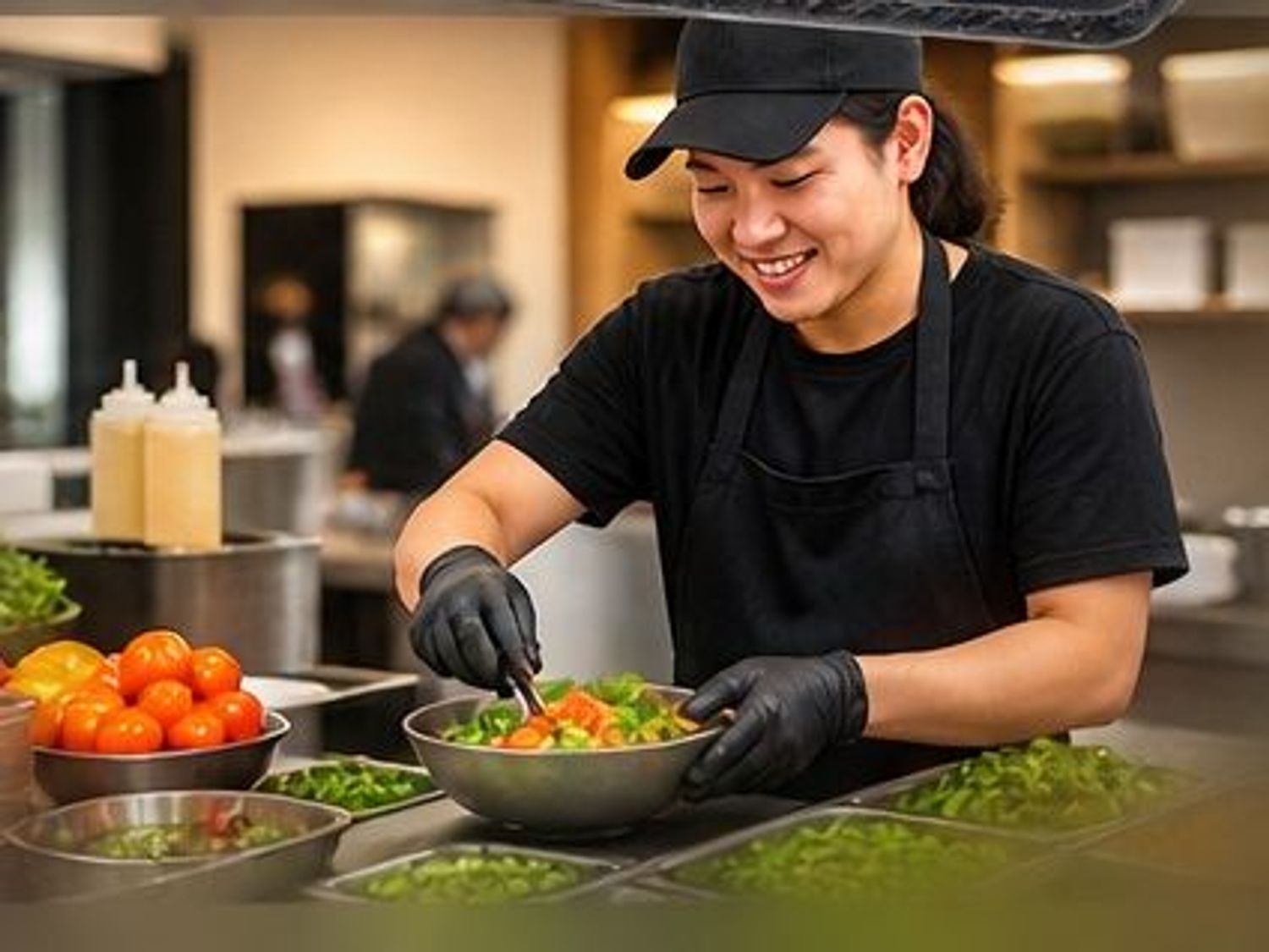 Smiling chef preparing fresh custom salad bowl with fresh produce on counter