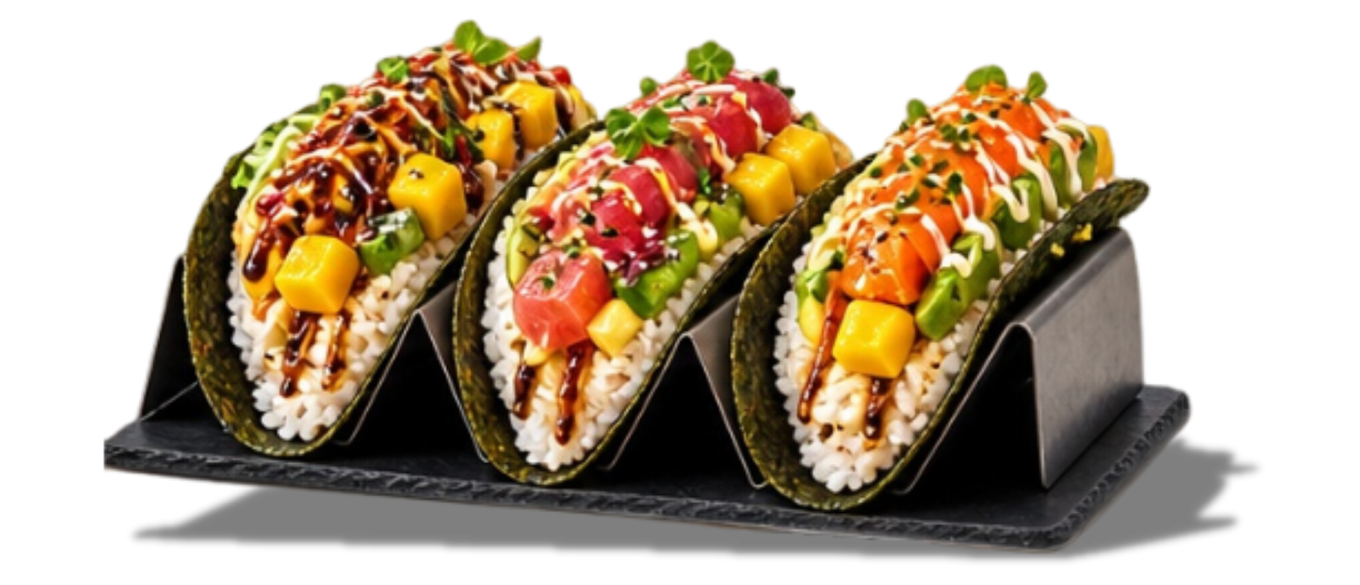 Three sushi tacos with fresh fish, mango, avocado and drizzled sauces