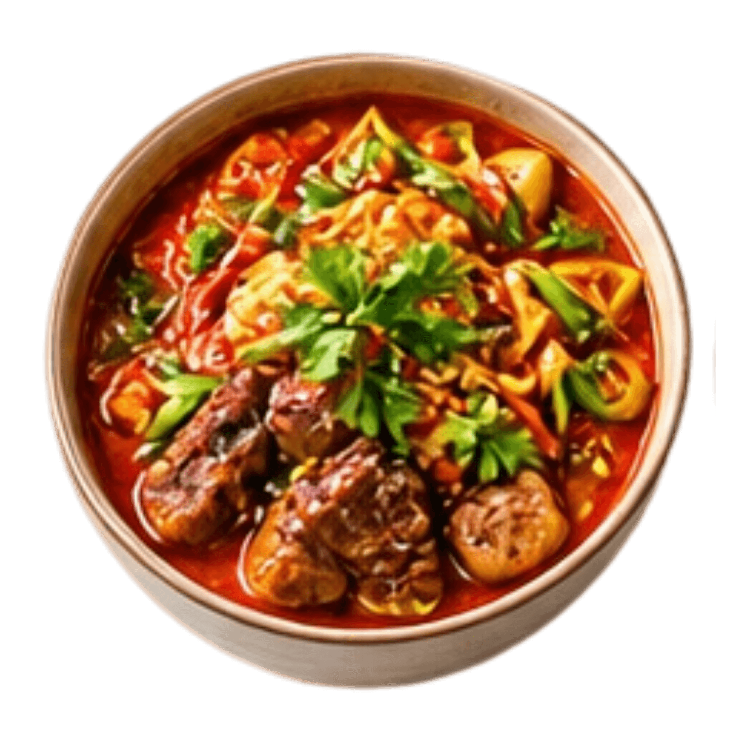Spicy red broth noodle bowl with beef chunks, herbs and assorted vegetables