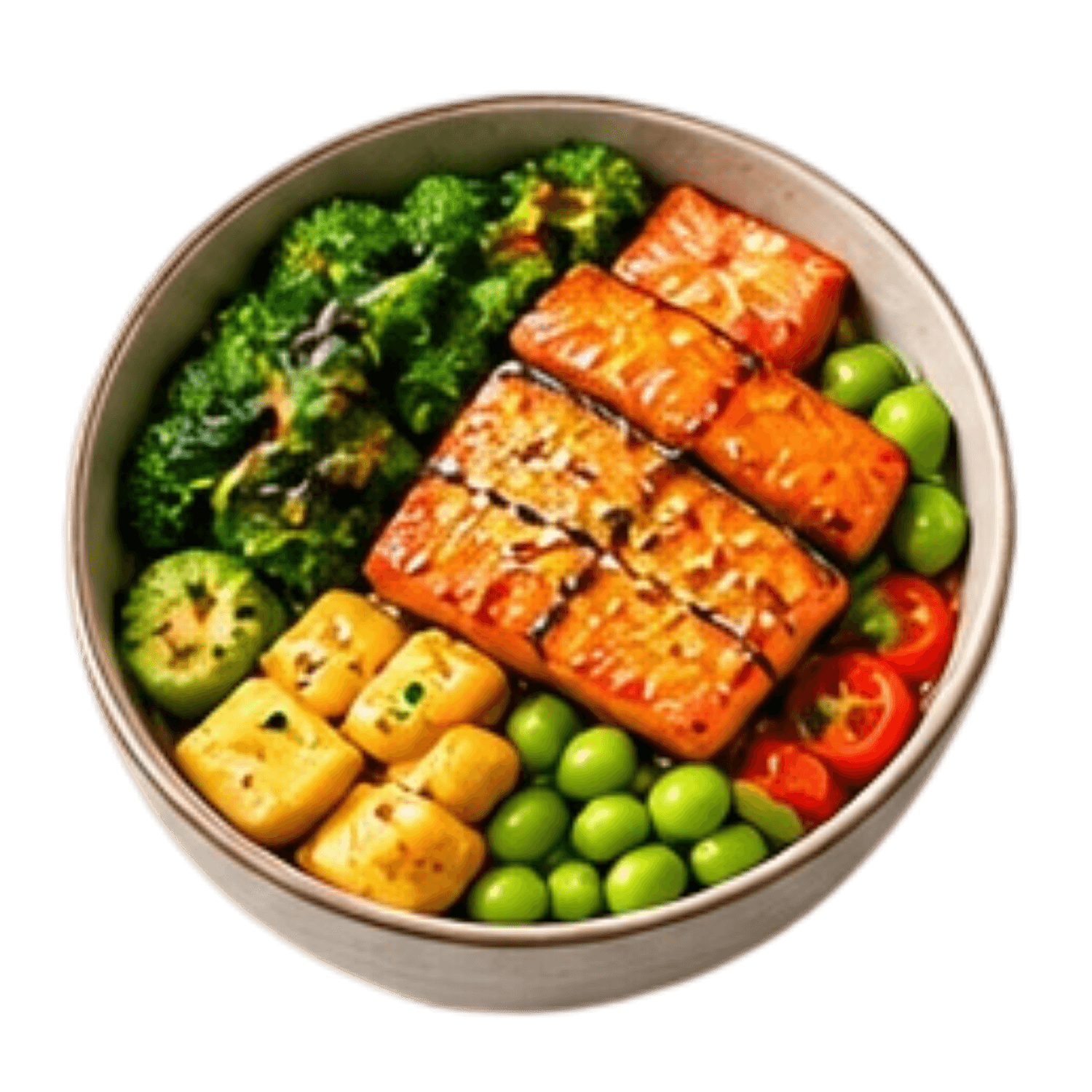 Grilled salmon bowl with broccoli, edamame, cucumber, cherry tomatoes and tofu