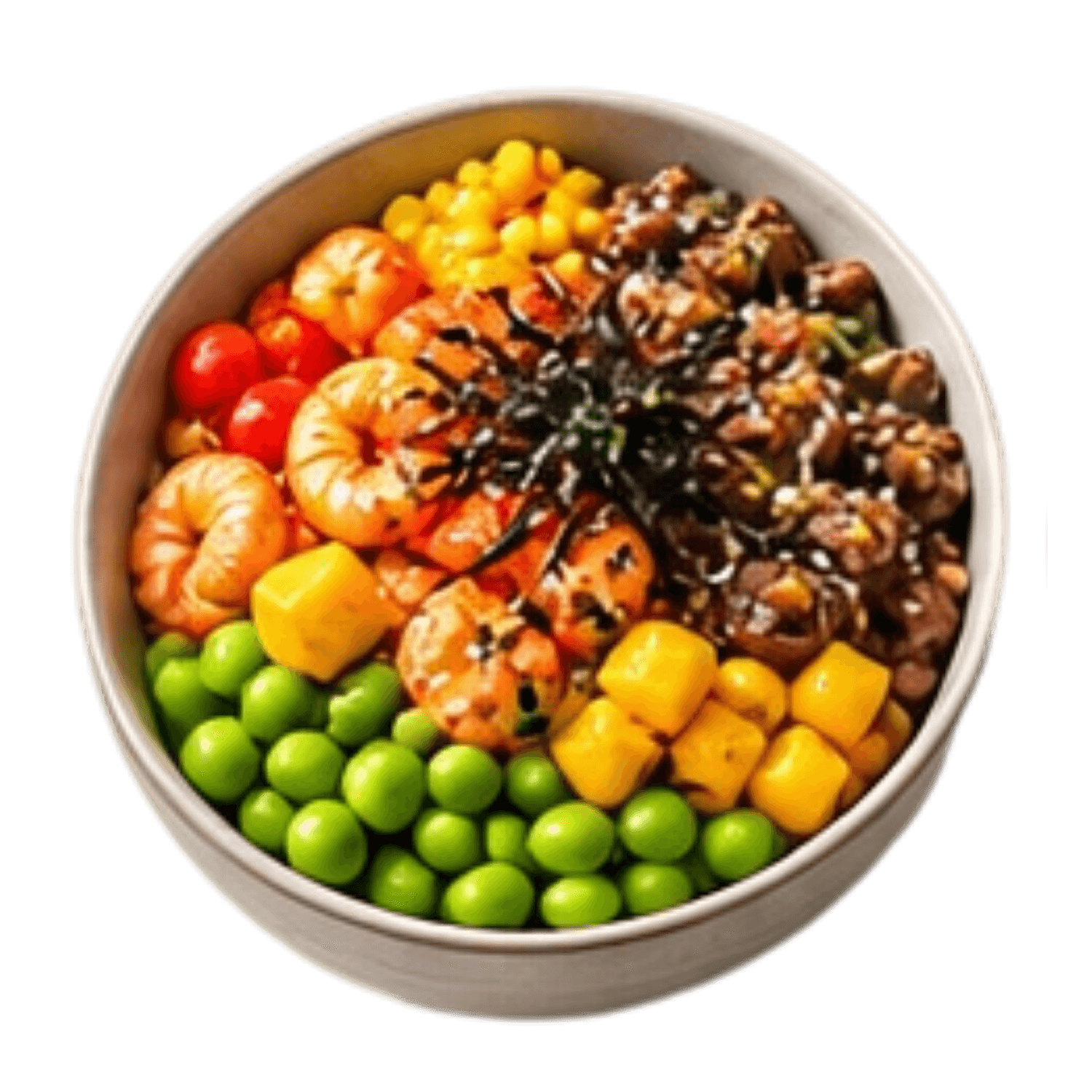 Seafood grain bowl with shrimp, corn, edamame, mango and seasoned meat