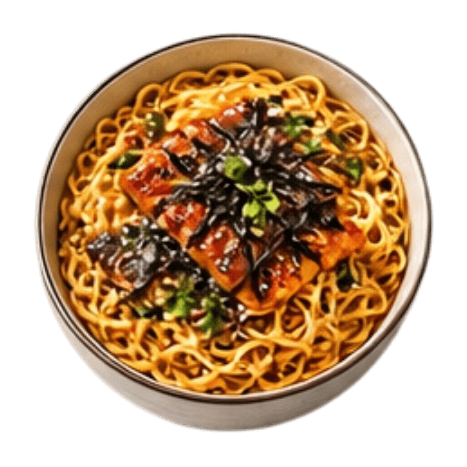 Savory noodle bowl with grilled fish, seaweed strips and chopped green onions