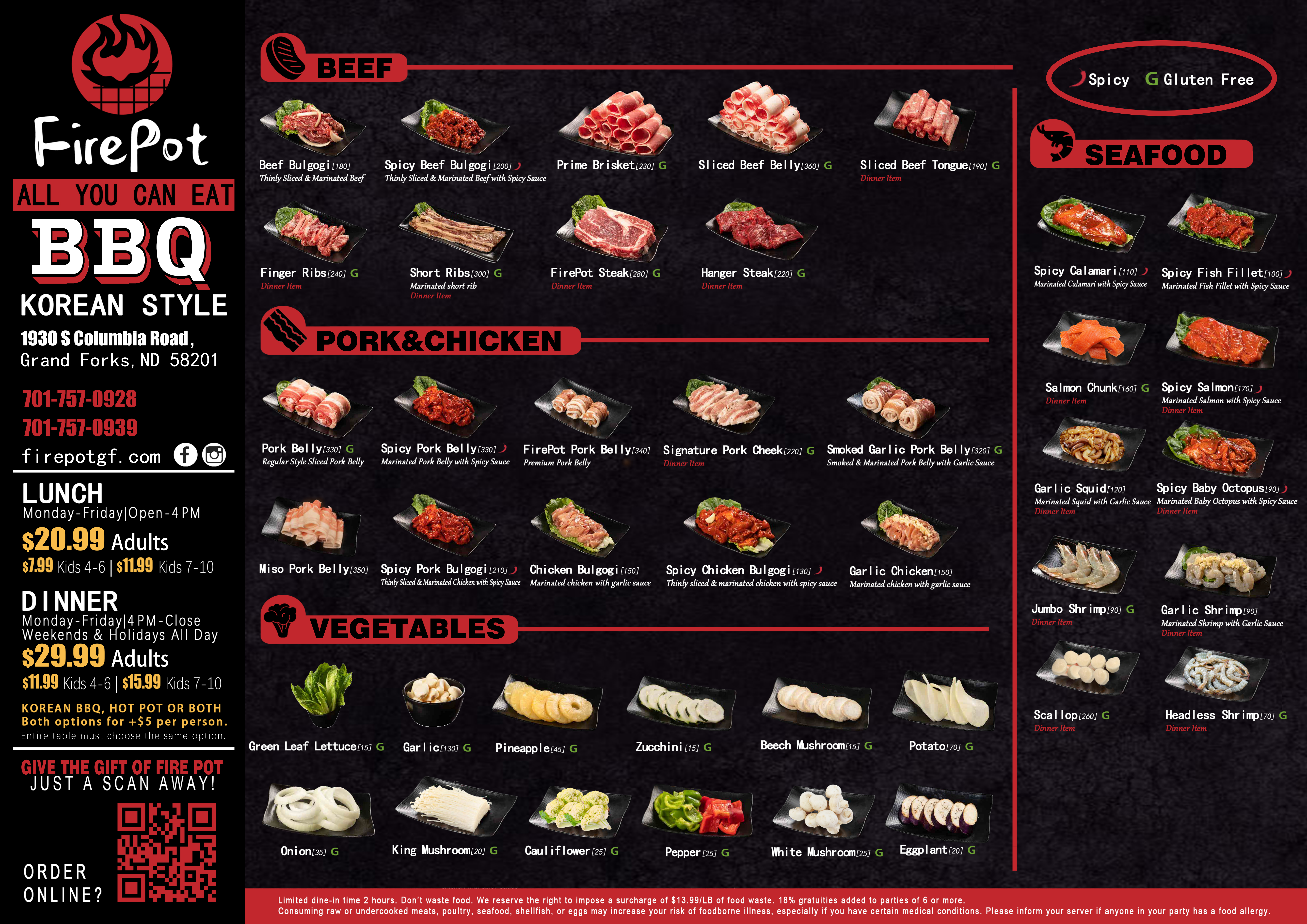 Menu for FirePot All You Can Eat Korean Style BBQ (1930 S Columbia Road, Grand Forks ND) showing lunch/dinner prices, beef/pork/seafood/vegetable options, and contact info