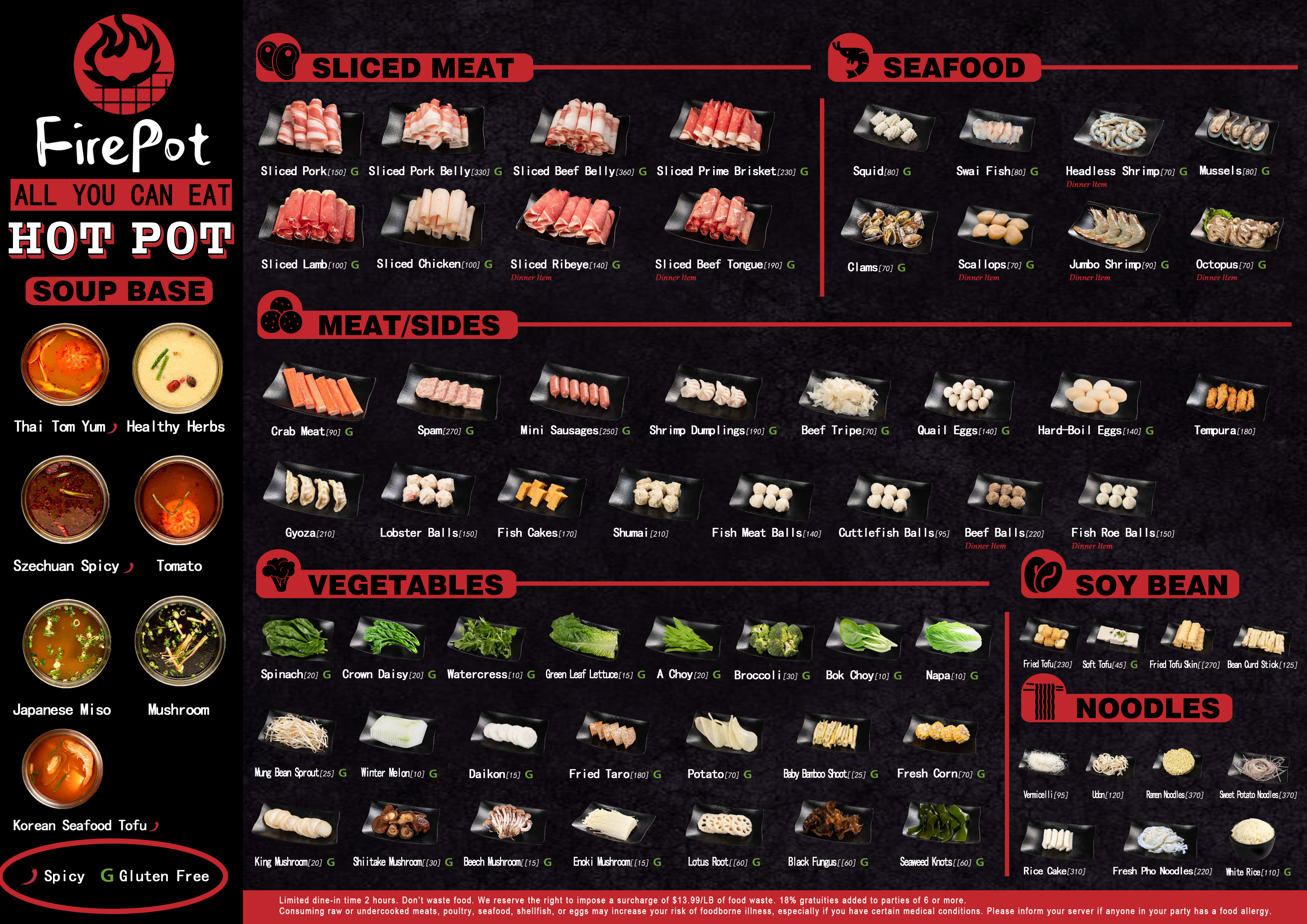 Menu for FirePot All You Can Eat Hot Pot showing soup bases (Thai Tom Yum, Szechuan Spicy), sliced meats, seafood, vegetables, noodles, plus gluten-free/spicy labels and dining rules